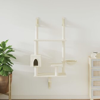 Kattenmeubel wandgemonteerd met krabpaal 153 cm cr&egrave;mekleurig