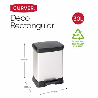 Pedaalemmer Deco rechthoekig 30 L zilverkleurig