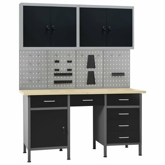 Werkbank met vier wandpanelen en twee kasten