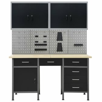 Werkbank met vier wandpanelen en twee kasten