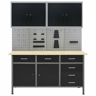 Werkbank met vier wandpanelen en twee kasten