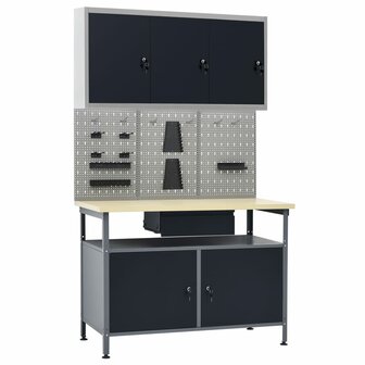 Werkbank met drie wandpanelen en een kast