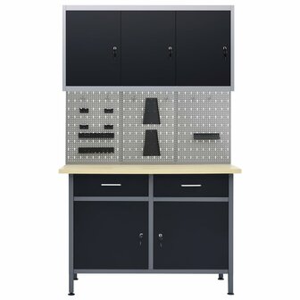 Werkbank met drie wandpanelen en een kast