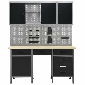 Werkbank met vier wandpanelen en twee kasten