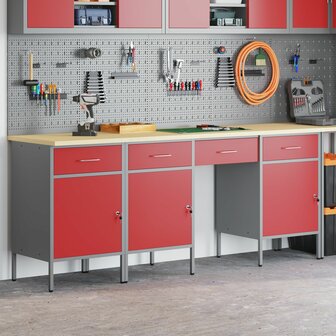 4-delige Werkkast en tafelset bewerkt hout en staal rood