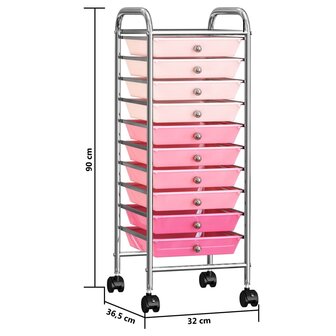 Opbergtrolley met 10 lades mobiel kunststof ombre roze