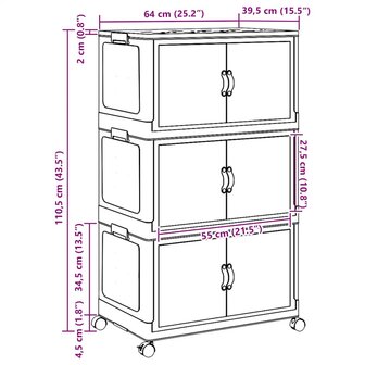 Opbergbox stapelbaar met wielen 3-laags 75 L 64x39,5x110,5 cm