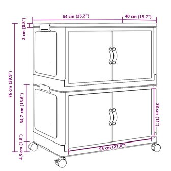 Opbergbox stapelbaar met wielen 2-laags 75 L 64x40x76 cm