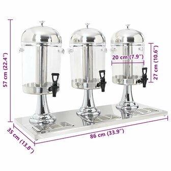 Drievoudige sapdispenser roestvrij staal 3x8 L