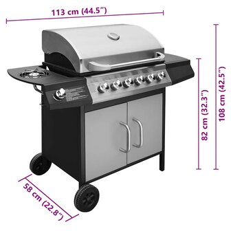 Gasbarbecue 6+1 kookzone zwart en zilver