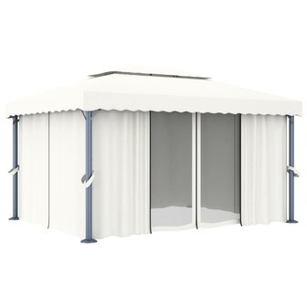Prieel met gordijn 4x3 m aluminium cr&egrave;mewit