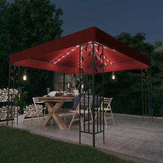 Prieel met LED-lichtslinger 3x3 m wijnrood