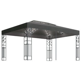 Prieel met dubbel dak en LED-lichtslinger 3x4 m antracietkleur