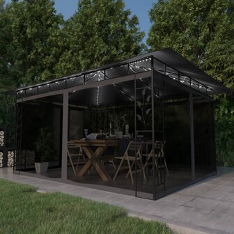 Prieel met klamboe LED-lichtslinger 4x3x2,73 m antracietkleurig