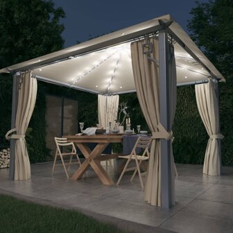 Prieel met gordijn en LED-lichtslinger 3x3 m aluminium cr&egrave;me