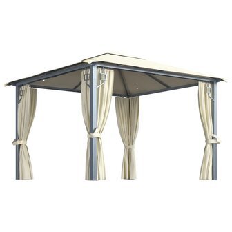 Prieel met gordijn en LED-lichtslinger 3x3 m aluminium cr&egrave;me