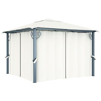 Prieel met gordijn en LED-lichtslinger 3x3 m aluminium cr&egrave;me