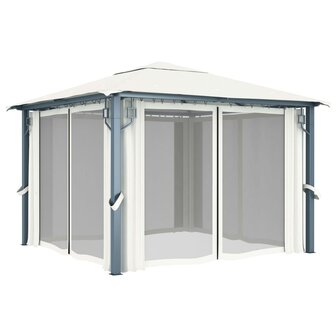 Prieel met gordijn en LED-lichtslinger 3x3 m aluminium cr&egrave;me