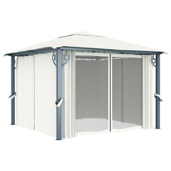 Prieel met gordijn en LED-lichtslinger 3x3 m aluminium cr&egrave;me