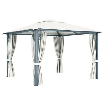 Prieel met gordijn en LED-lichtslinger 3x3 m aluminium cr&egrave;me