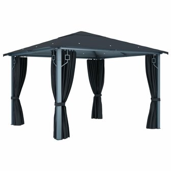 Prieel met gordijn LED-lichtslinger 3x3 m aluminium antraciet