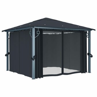 Prieel met gordijn LED-lichtslinger 3x3 m aluminium antraciet