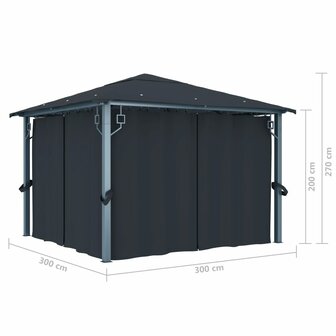Prieel met gordijn LED-lichtslinger 3x3 m aluminium antraciet