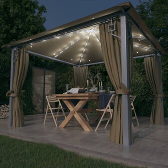 Prieel met gordijn en LED-lichtslinger 3x3 m aluminium taupe