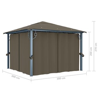 Prieel met gordijn en LED-lichtslinger 3x3 m aluminium taupe