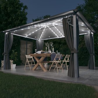 Prieel met gordijn LED-lichtslinger 4x3 m aluminium antraciet