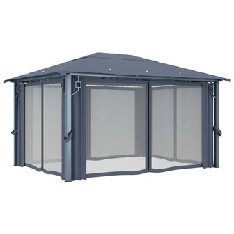 Prieel met gordijn LED-lichtslinger 4x3 m aluminium antraciet
