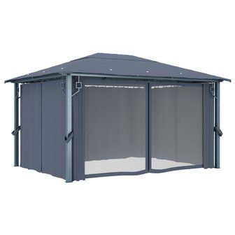 Prieel met gordijn LED-lichtslinger 4x3 m aluminium antraciet