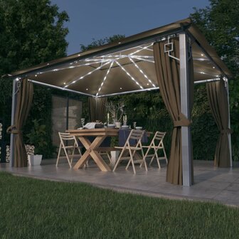 Prieel met gordijn en LED-lichtslinger 4x3 m aluminium taupe