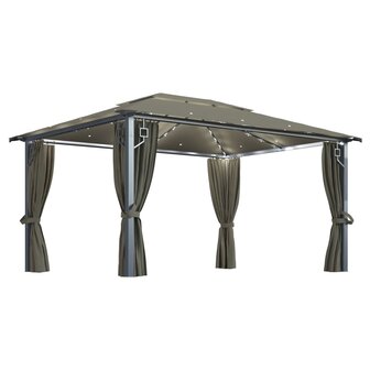 Prieel met gordijn en LED-lichtslinger 4x3 m aluminium taupe