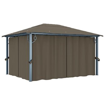 Prieel met gordijn en LED-lichtslinger 4x3 m aluminium taupe