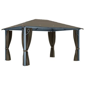 Prieel met gordijn en LED-lichtslinger 4x3 m aluminium taupe