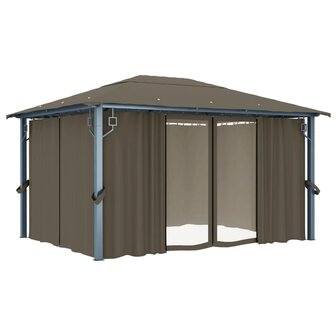 Prieel met gordijn en LED-lichtslinger 4x3 m aluminium taupe