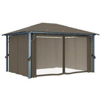 Prieel met gordijn en LED-lichtslinger 4x3 m aluminium taupe