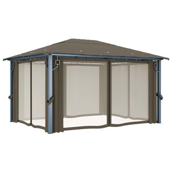 Prieel met gordijn en LED-lichtslinger 4x3 m aluminium taupe