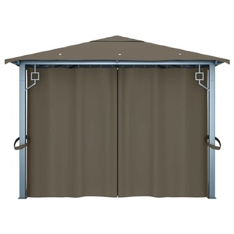 Prieel met gordijn en LED-lichtslinger 4x3 m aluminium taupe