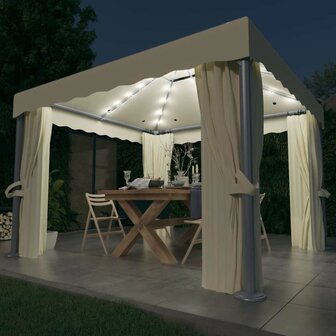 Prieel met gordijn en LED-lichtslinger 3x3 m cr&egrave;mewit