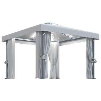 Prieel met gordijn en LED-lichtslinger 3x3 m cr&egrave;mewit