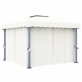 Prieel met gordijn en LED-lichtslinger 3x3 m cr&egrave;mewit