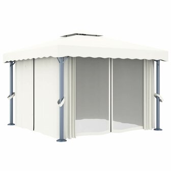 Prieel met gordijn en LED-lichtslinger 3x3 m cr&egrave;mewit