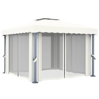 Prieel met gordijn en LED-lichtslinger 3x3 m cr&egrave;mewit