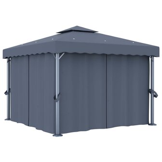 Prieel met gordijn en LED-lichtslinger 3x3 m antracietkleurig