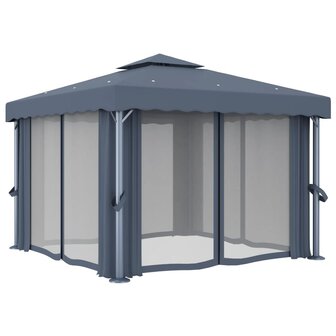 Prieel met gordijn en LED-lichtslinger 3x3 m antracietkleurig