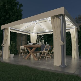 Prieel met gordijn en LED-lichtslinger 4x3 m cr&egrave;mewit