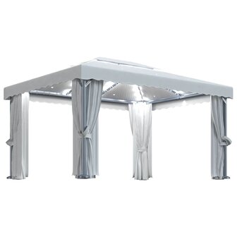 Prieel met gordijn en LED-lichtslinger 4x3 m cr&egrave;mewit