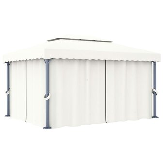 Prieel met gordijn en LED-lichtslinger 4x3 m cr&egrave;mewit